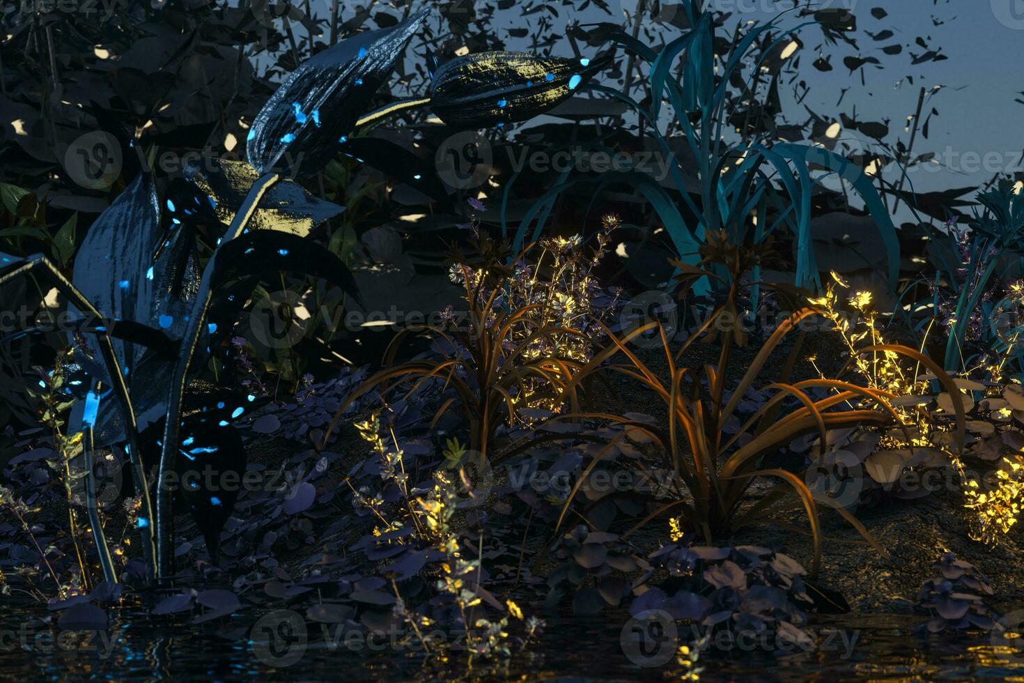 Living metallic plants with dark background,abstract conception,3d rendering. photo