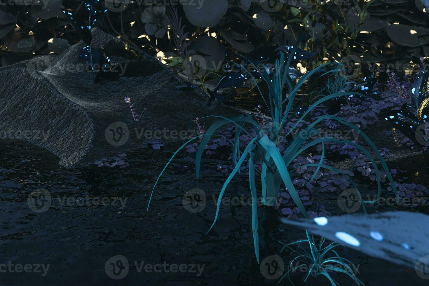 Living metallic plants with dark background,abstract conception,3d rendering. photo