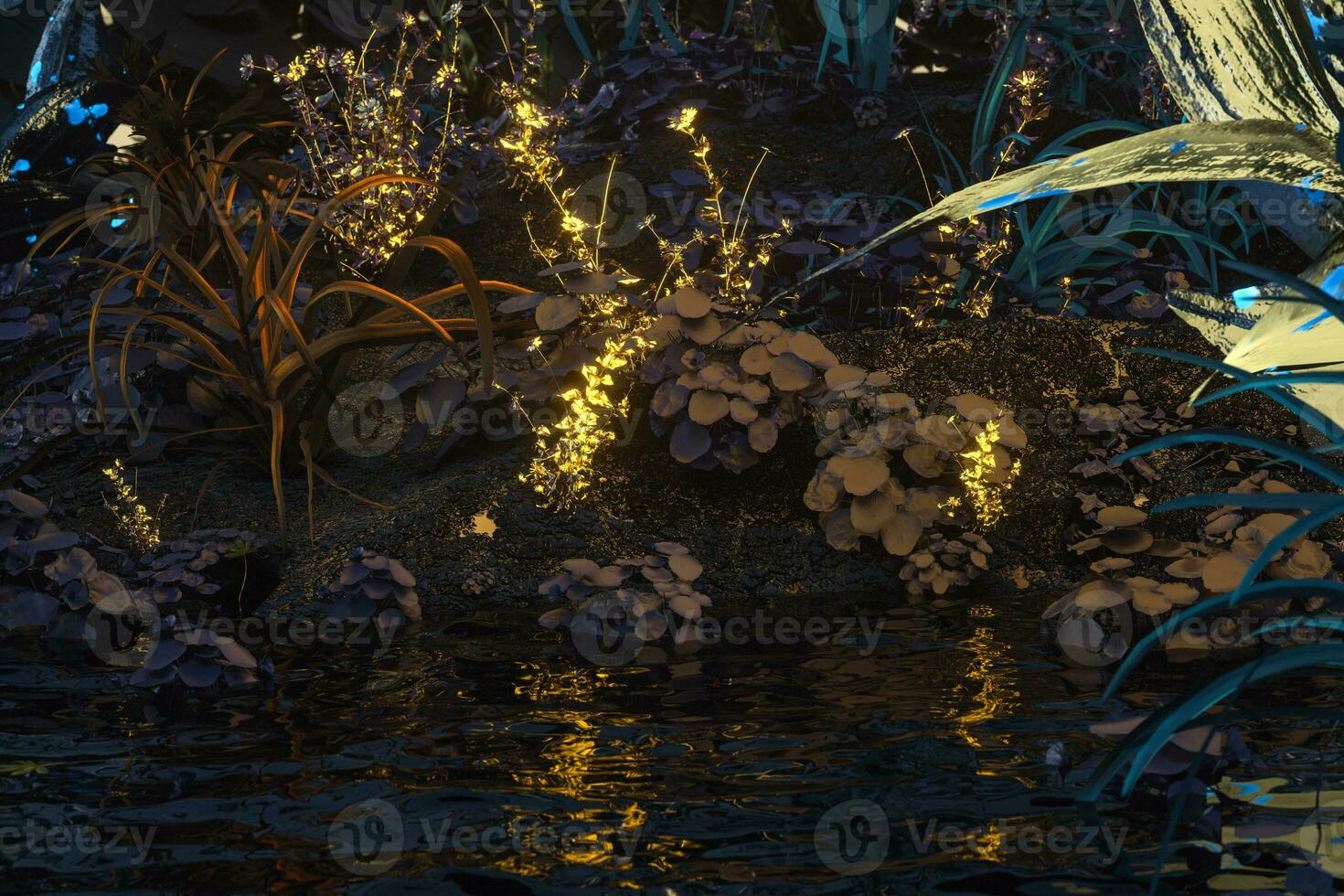 Living metallic plants with dark background,abstract conception,3d rendering. photo