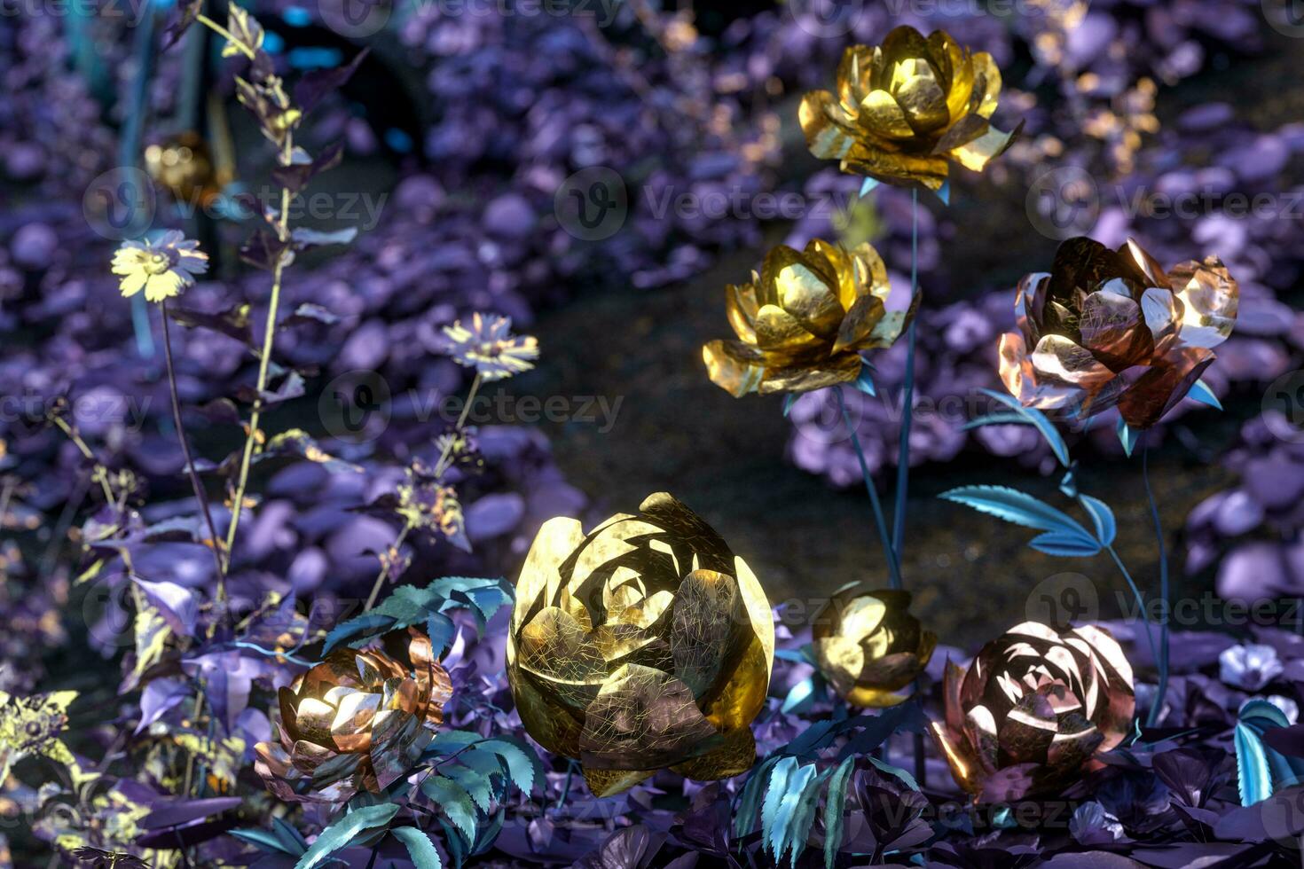 Living metallic plants with dark background,abstract conception,3d rendering. photo