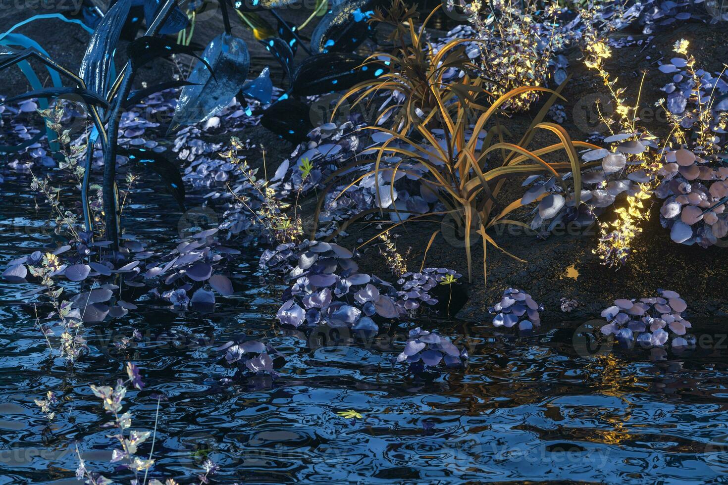 Living metallic plants with dark background,abstract conception,3d rendering. photo