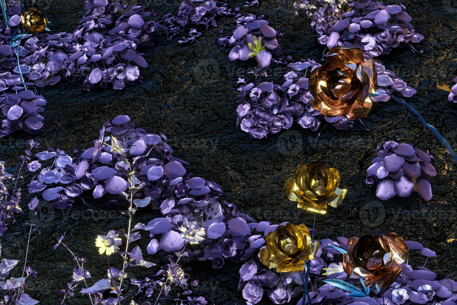 Living metallic plants with dark background,abstract conception,3d rendering. photo