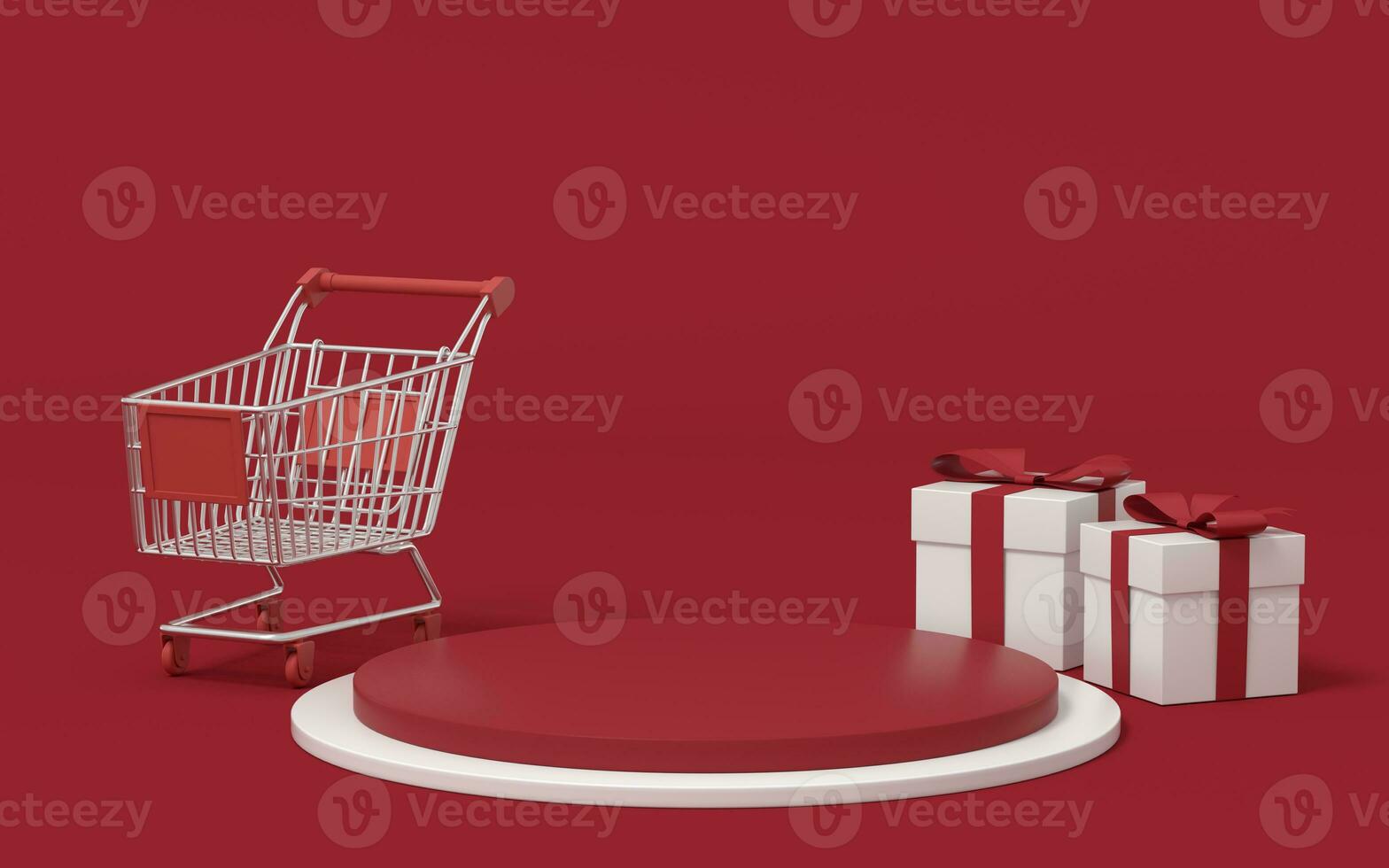 Empty merchandise stage with shopping cart and present box, 3d rendering. photo