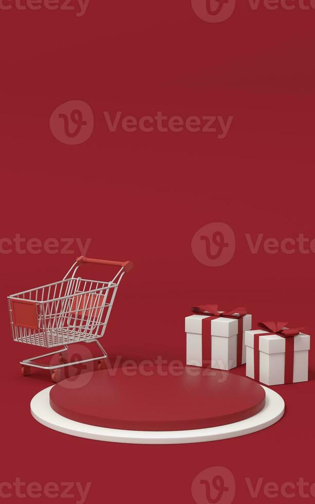 Empty merchandise stage with shopping cart and present box, 3d rendering. photo