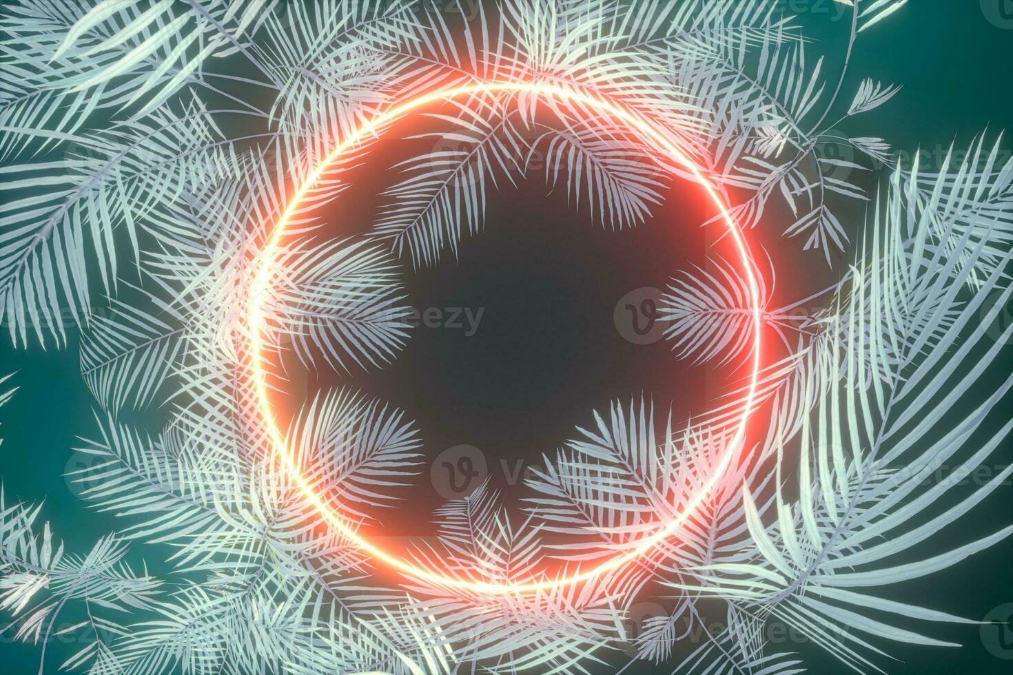 Plants and neon with dark background,3d rendering. photo