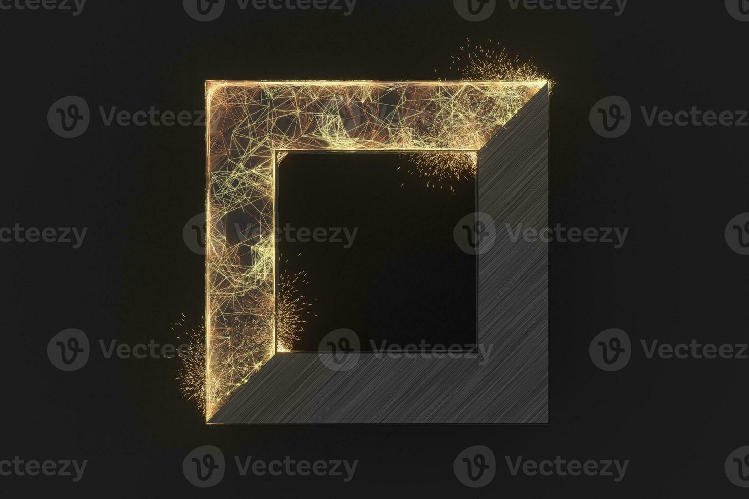 Golden abstract lines and crystals with black background, 3d rendering. photo