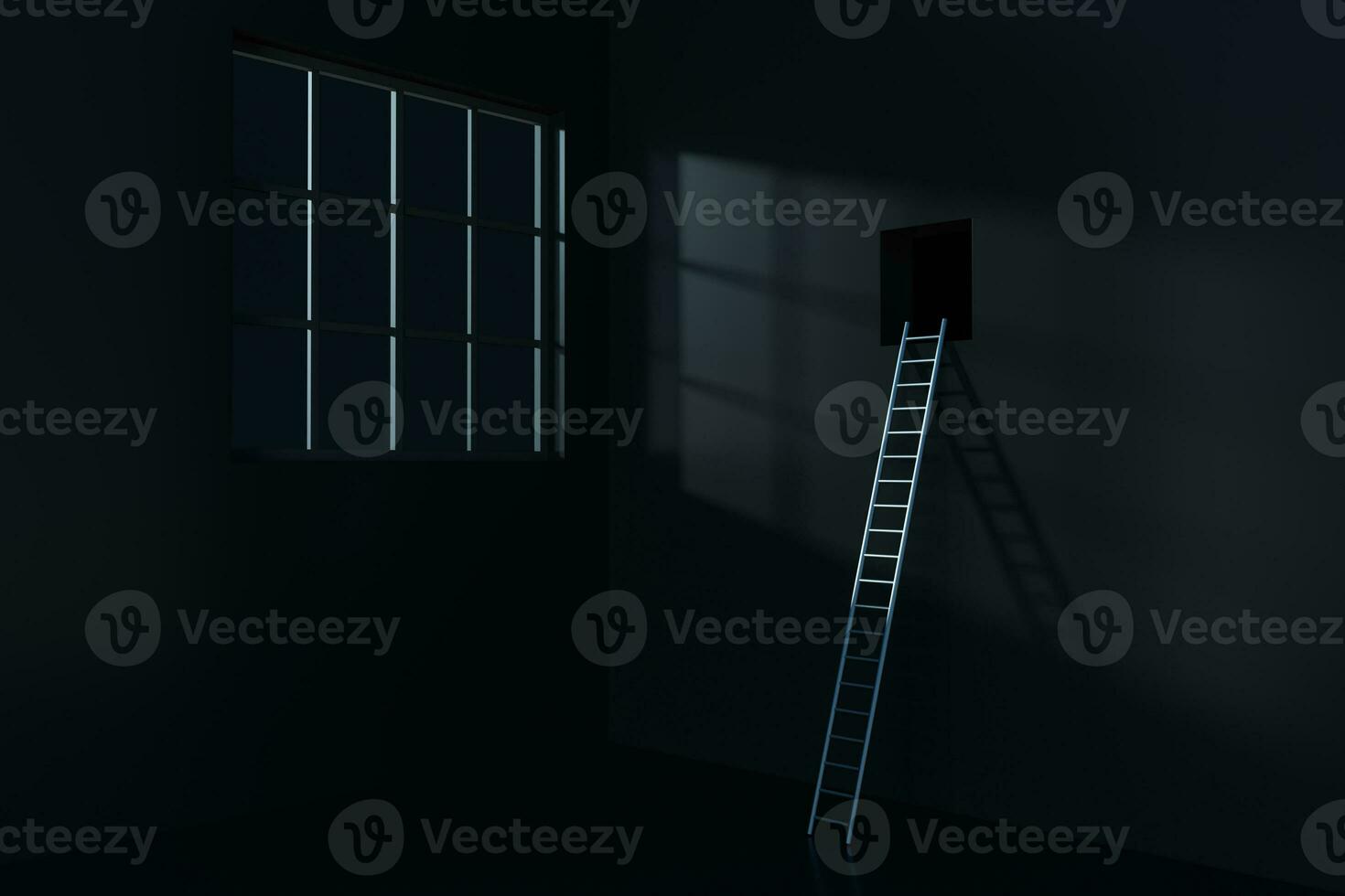 Conceptual room with a ladder lead to outside, 3d rendering. photo