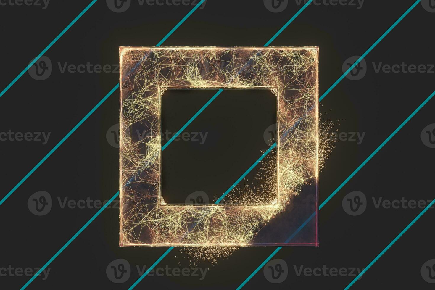 Golden abstract lines and crystals with black background, 3d rendering. photo