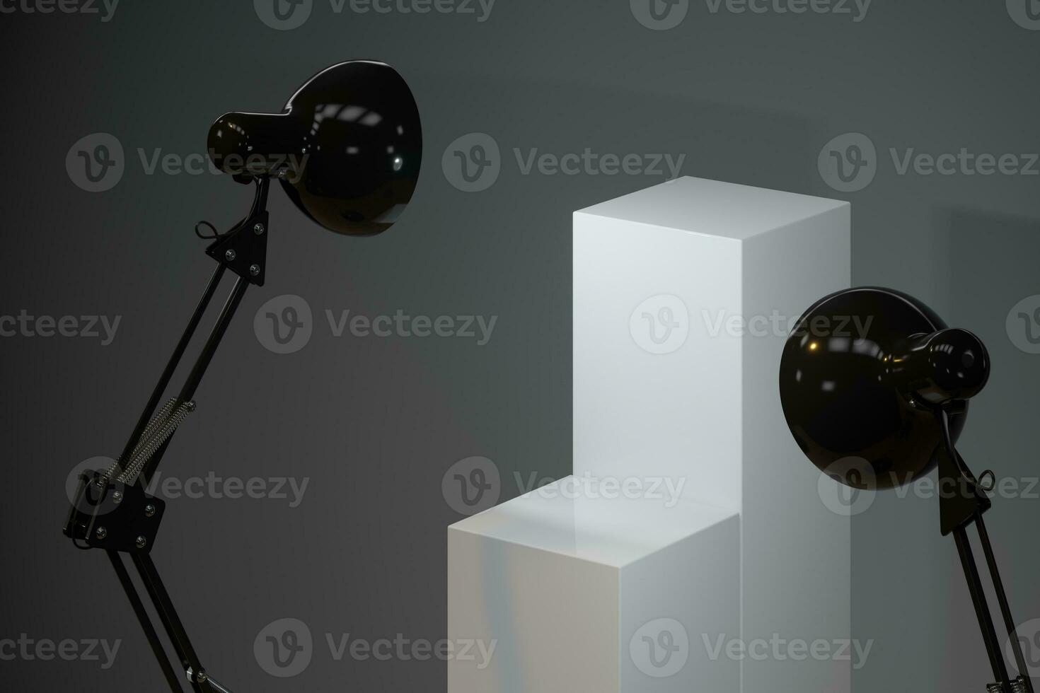 Decorative lamps with empty cube podium, 3d rendering. photo