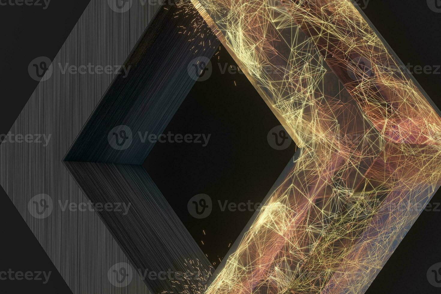 Golden abstract lines and crystals with black background, 3d rendering. photo