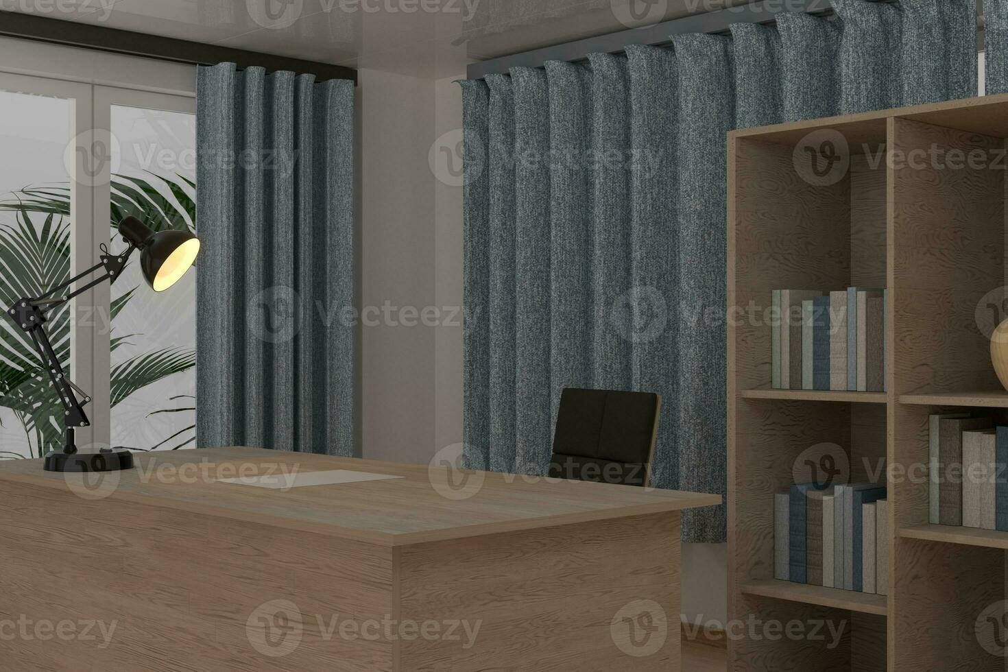 Private work place with wooden desk and decorative lamp, 3d rendering. photo