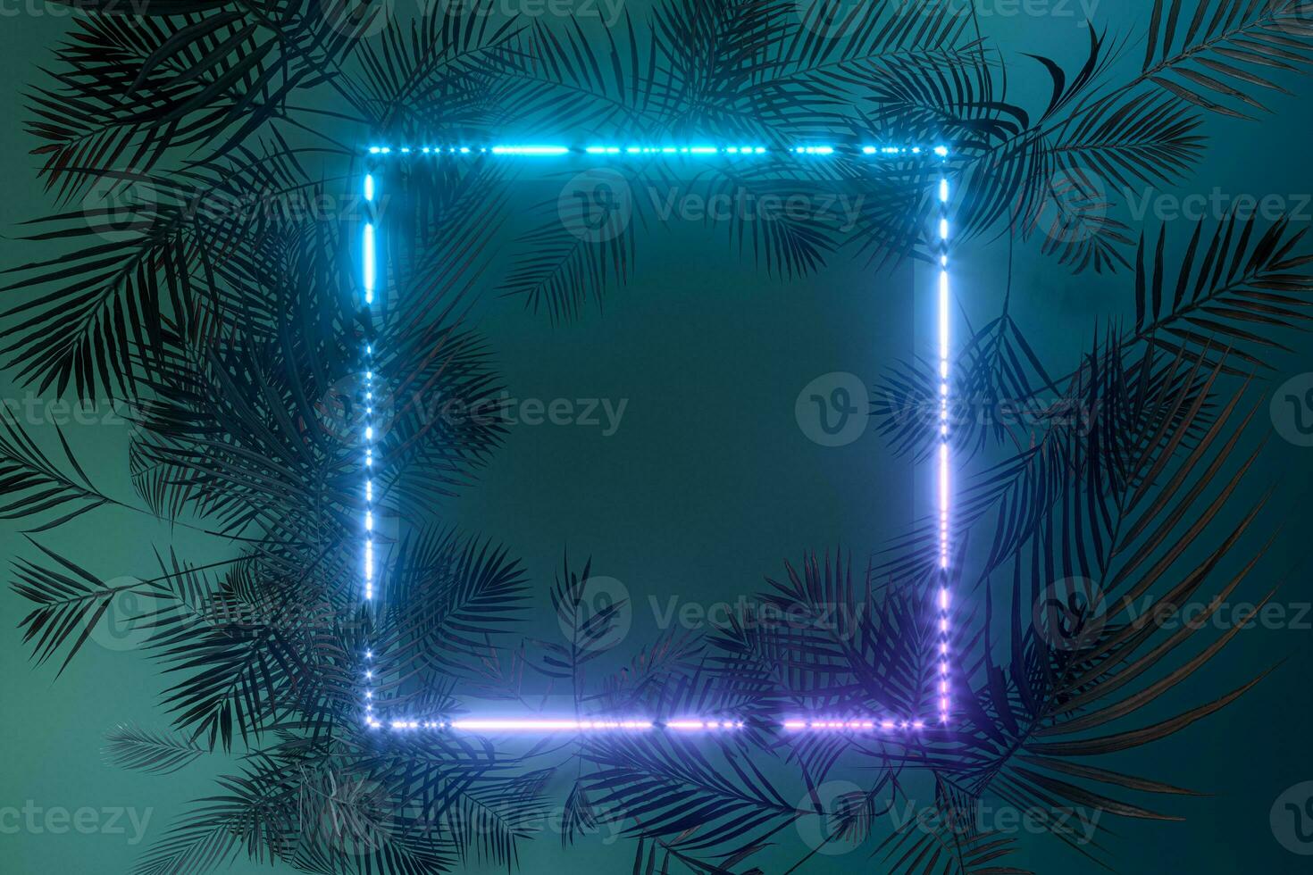 Plants and neon with dark background,3d rendering. photo