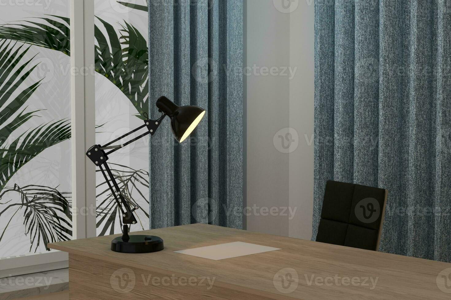 Private work place with wooden desk and decorative lamp, 3d rendering. photo