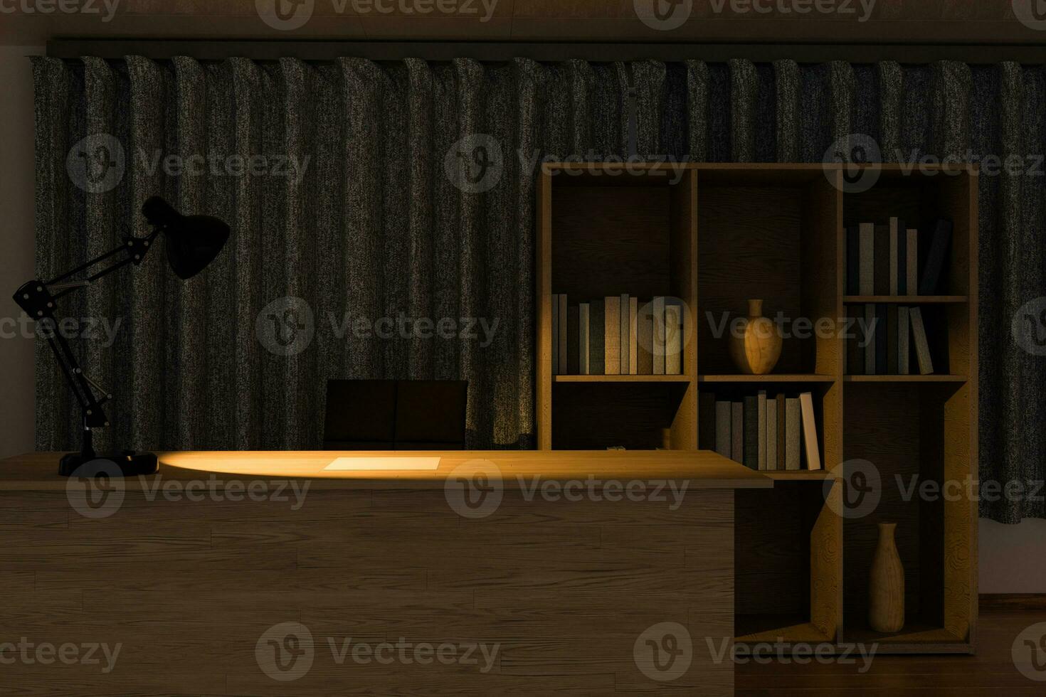 Private work place with wooden desk at night, 3d rendering. photo