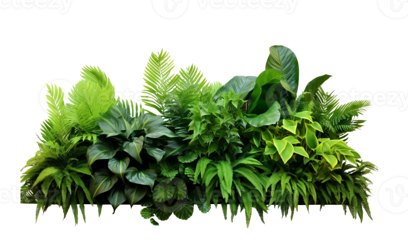 AI Generated Bushes consisting of various types of plants and wild leaves are arranged together against a transparent background. png