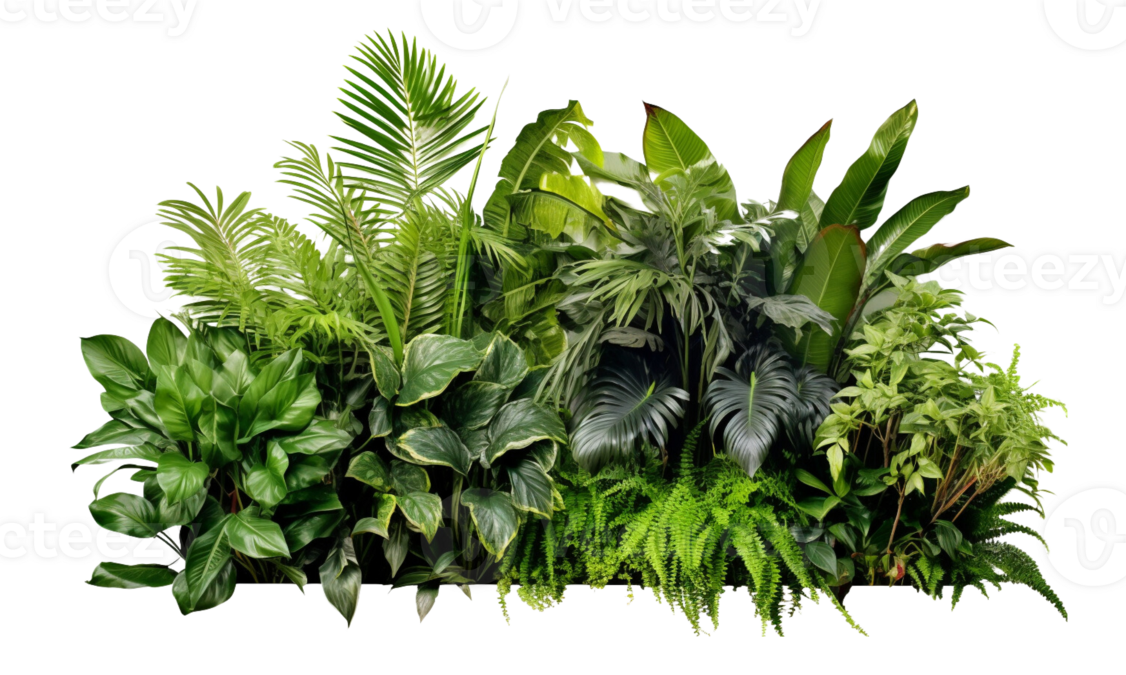 AI Generated Bushes consisting of various types of plants and wild leaves are arranged together against a transparent background. png