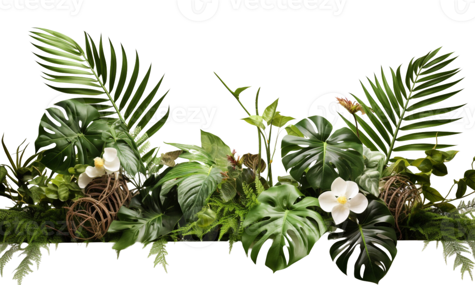 AI Generated Bushes consisting of various types of plants and wild leaves are arranged together against a transparent background. png