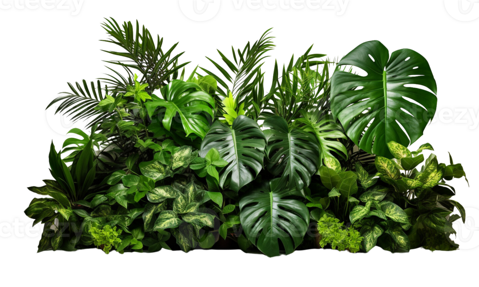 AI Generated Bushes consisting of various types of plants and wild leaves are arranged together against a transparent background. png