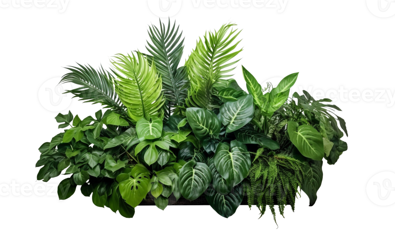 AI Generated Bushes consisting of various types of plants and wild leaves are arranged together against a transparent background. png