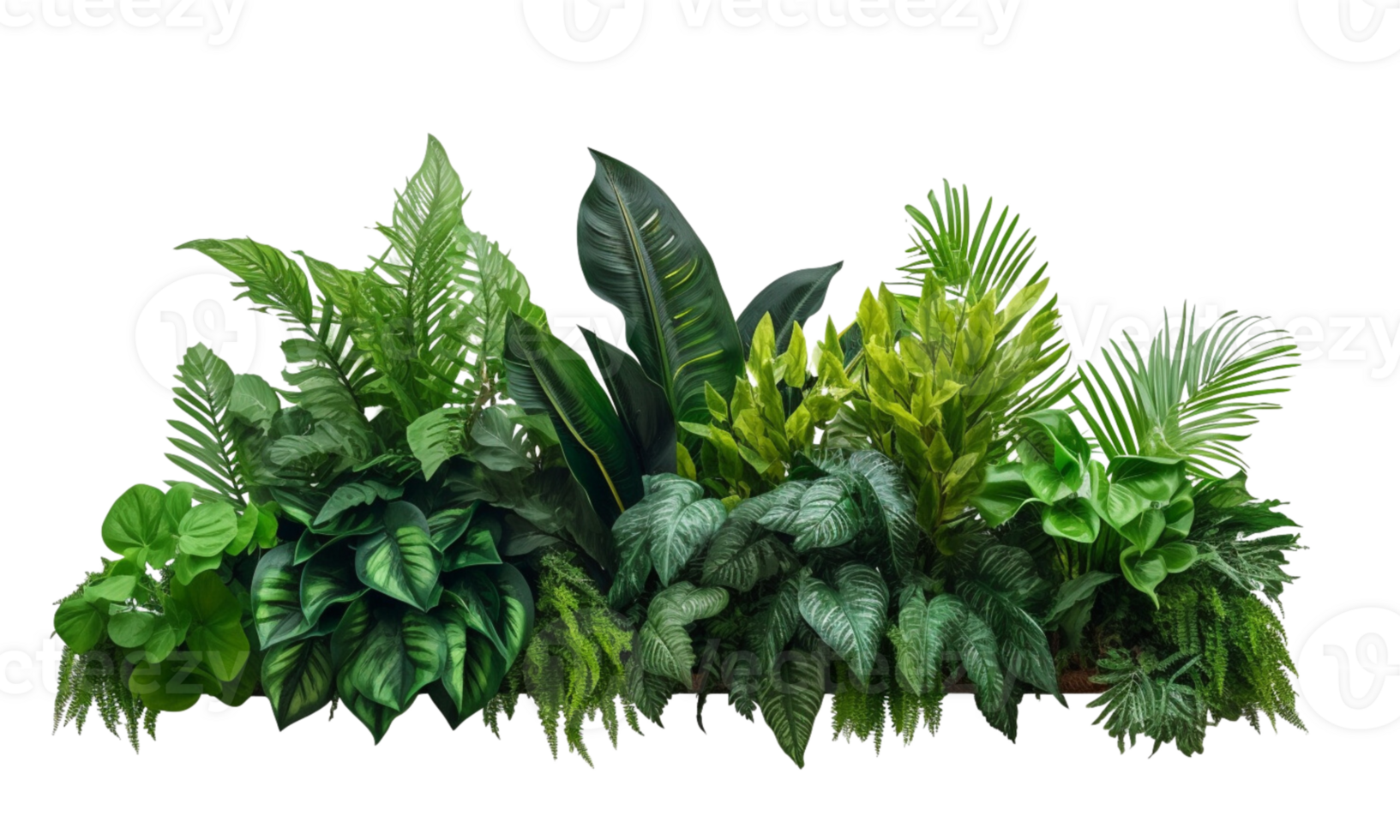 AI Generated Bushes consisting of various types of plants and wild leaves are arranged together against a transparent background. png