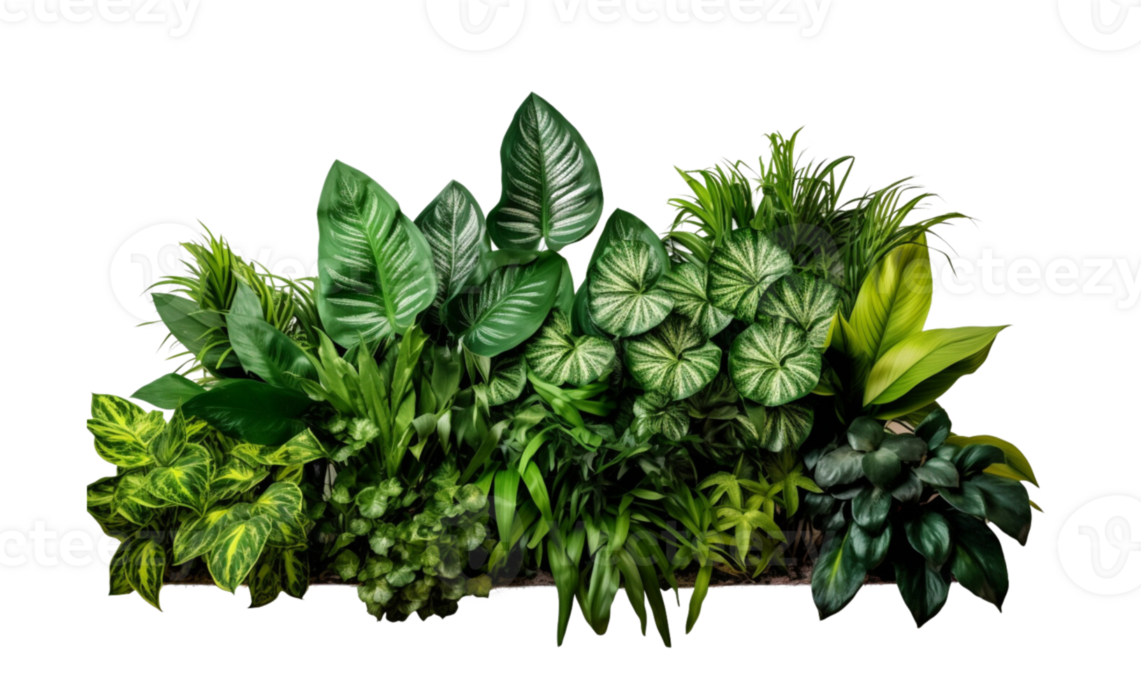 AI Generated Bushes consisting of various types of plants and wild leaves are arranged together against a transparent background. png