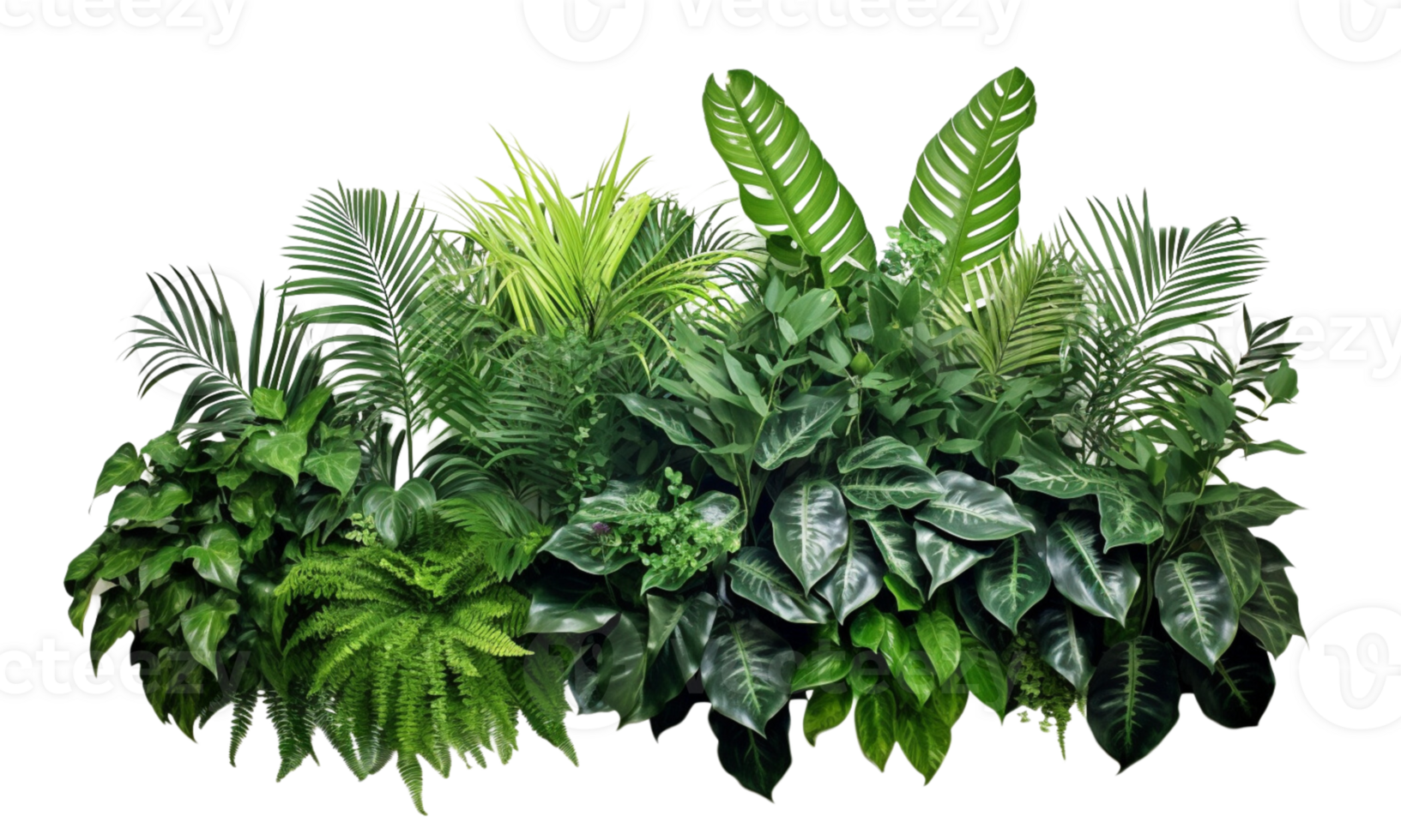 AI Generated Bushes consisting of various types of plants and wild leaves are arranged together against a transparent background. png