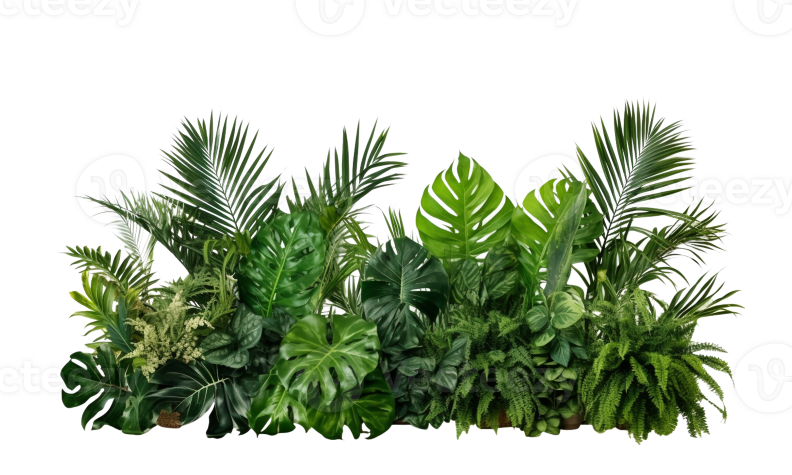 AI Generated Bushes consisting of various types of plants and wild leaves are arranged together against a transparent background. png