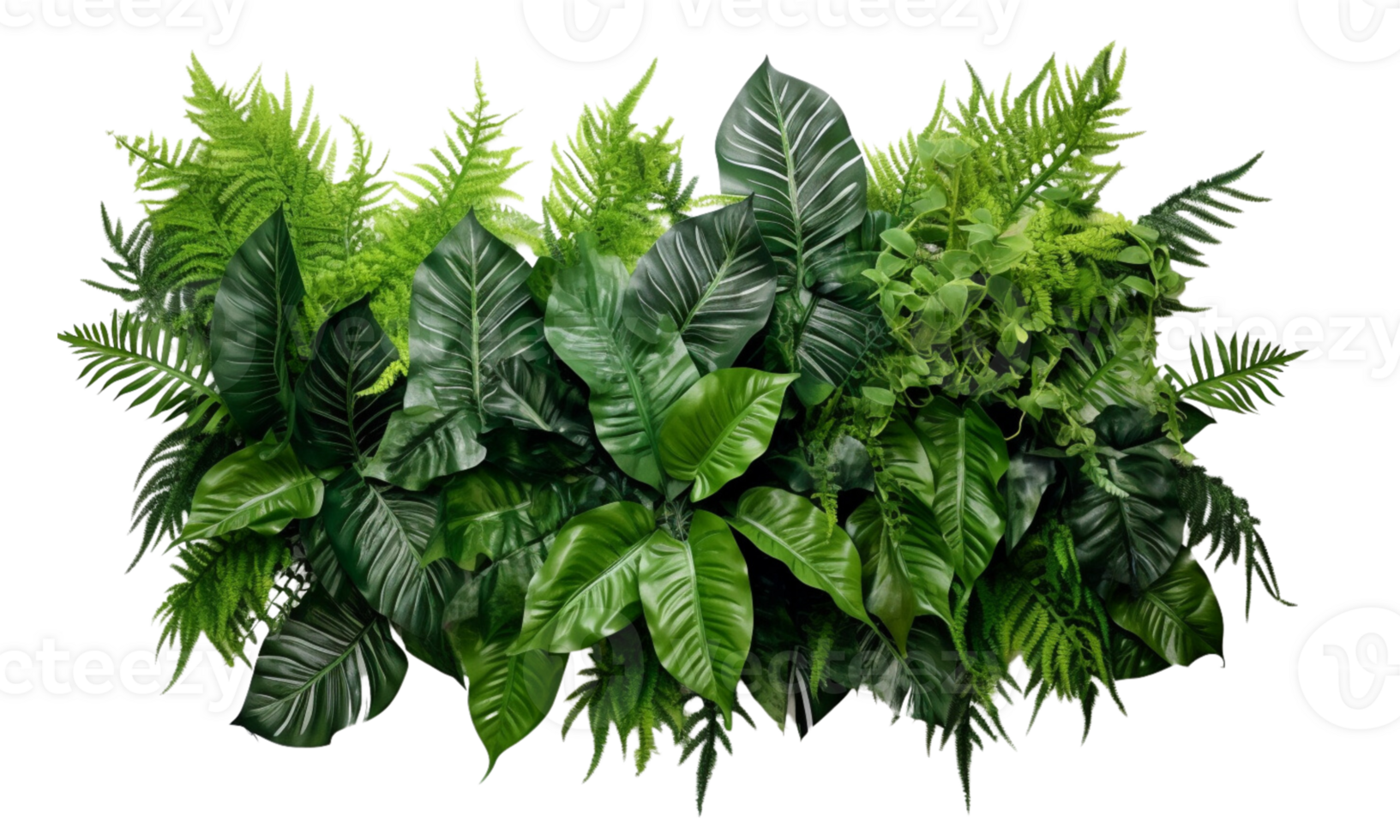 AI Generated Bushes consisting of various types of plants and wild leaves are arranged together against a transparent background. png