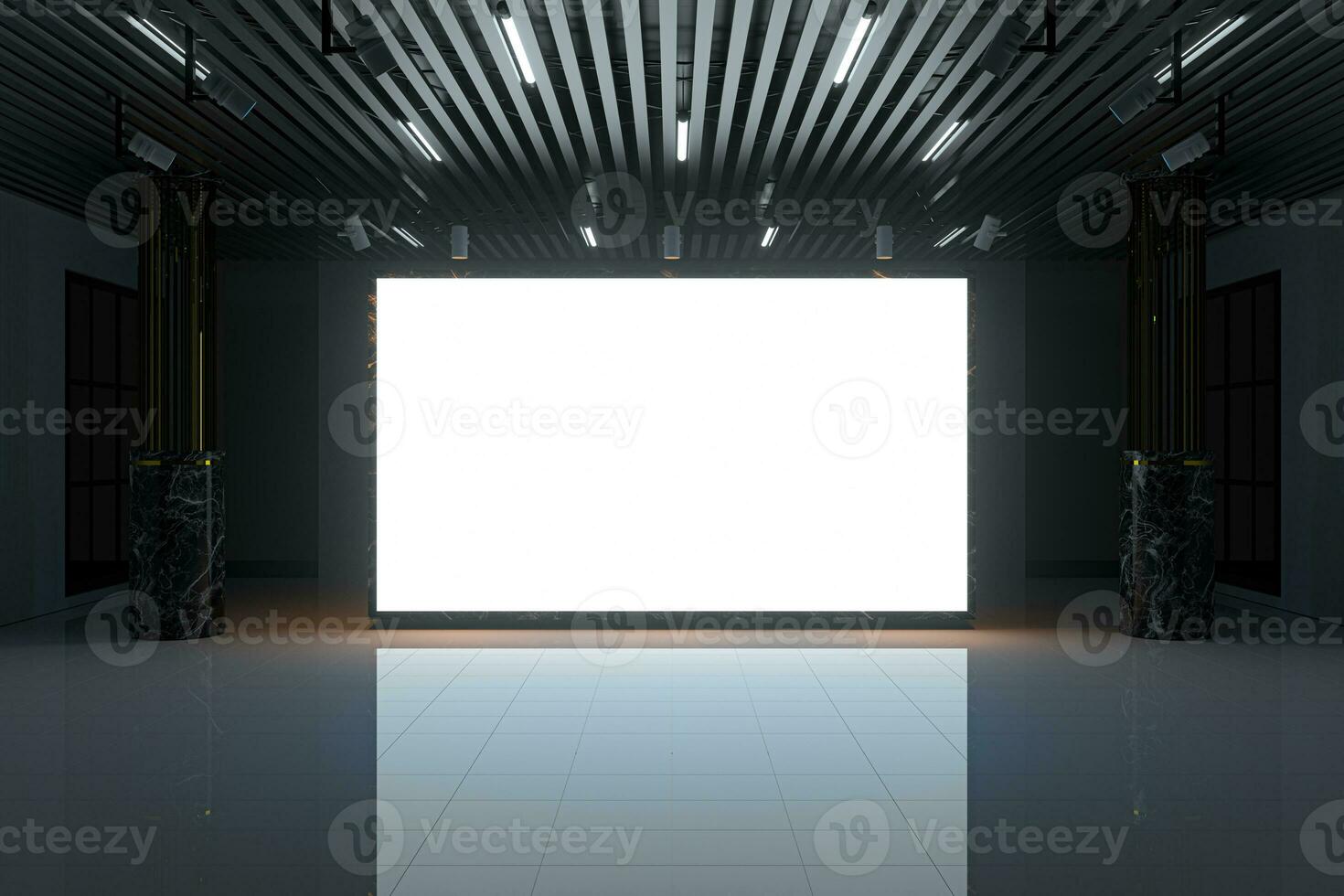 The glowing blank wall in the large showroom. 3d rendering. photo