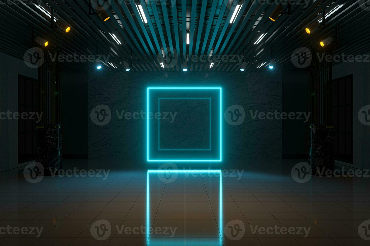 Glowing neon lights in the dark showroom, 3d rendering. photo