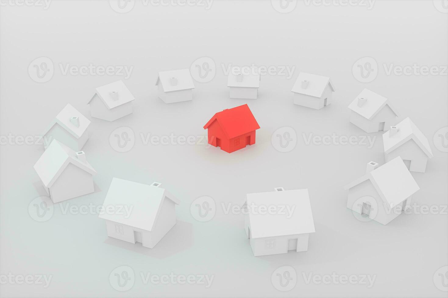 un pequeño rojo casa modelo rodeado por el blanco casas, 3d representación. foto