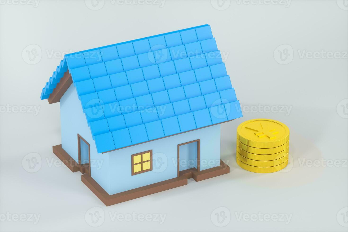 The small house model beside the golden coins, 3d rendering. photo