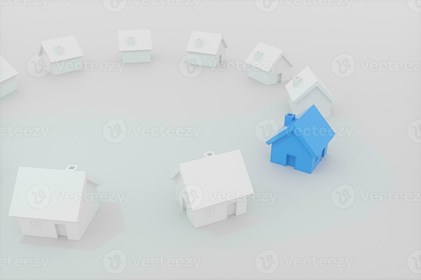 A small blue house model beside the white houses, 3d rendering. photo