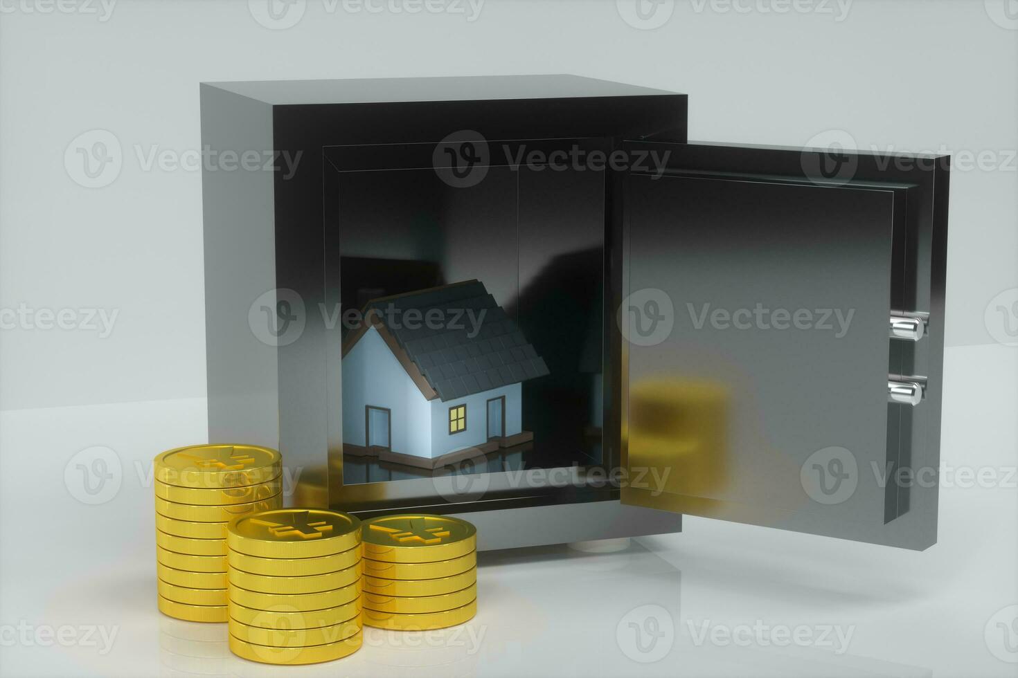 The small house model beside the golden coins, 3d rendering. photo