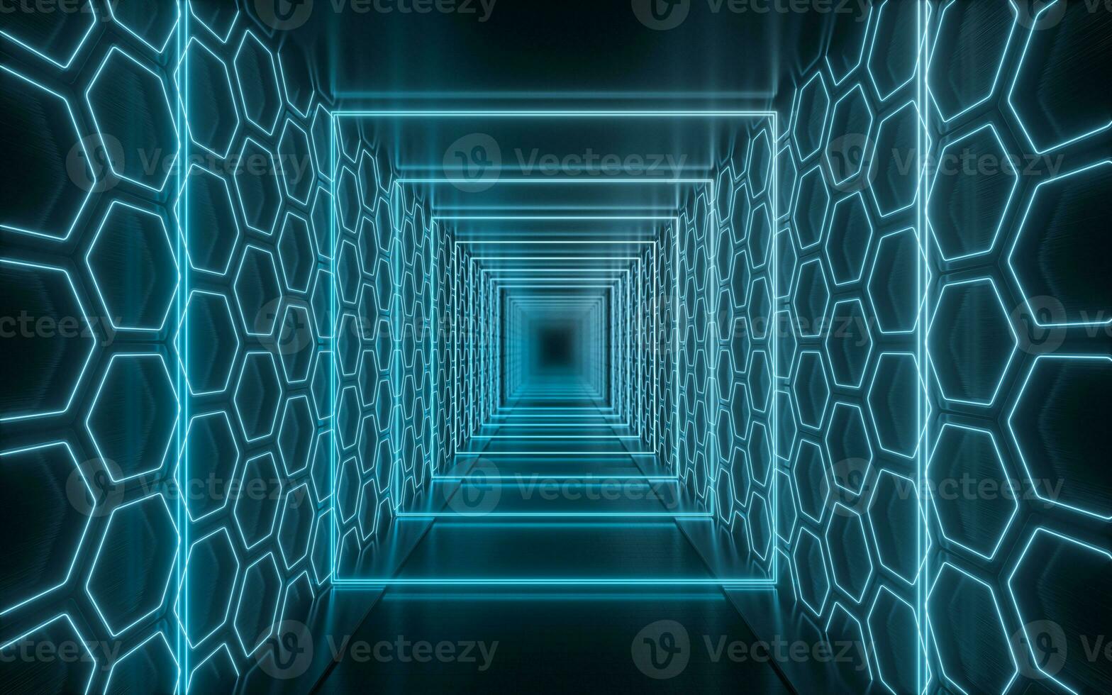 Dark tunnel with glowing neon lines, 3d rendering. photo