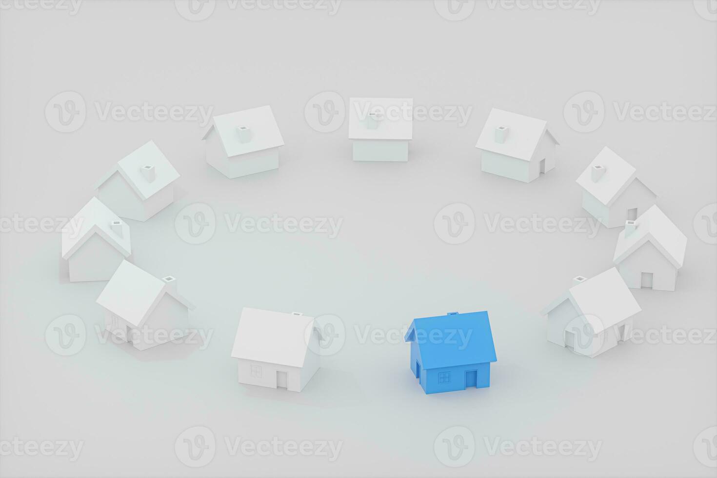 A small blue house model beside the white houses, 3d rendering. photo
