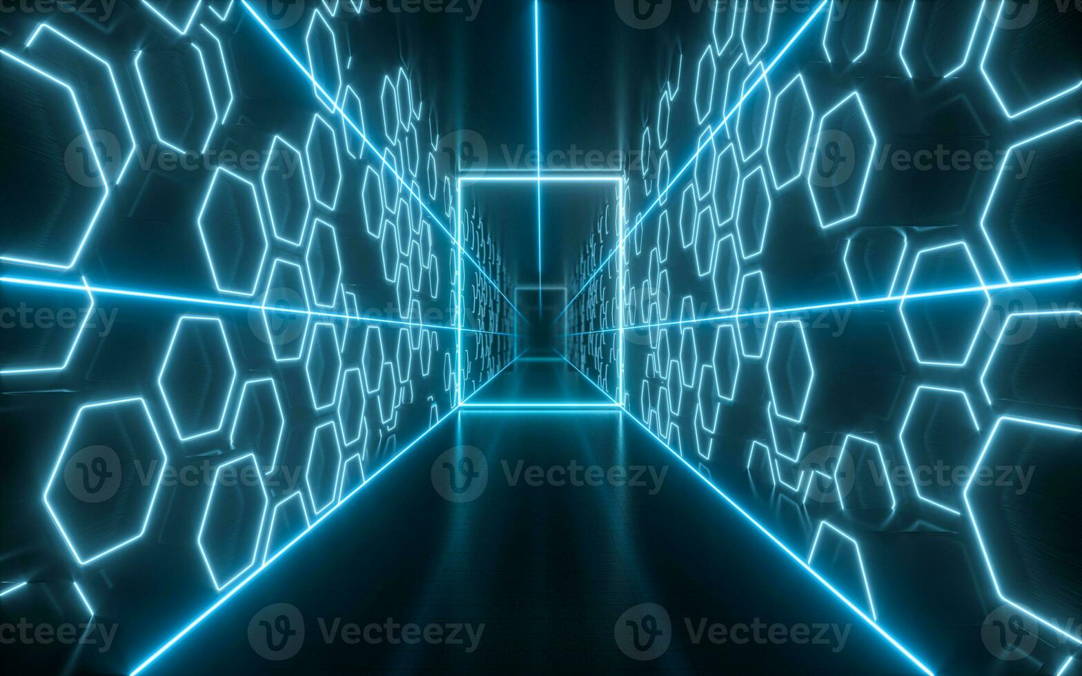 Dark tunnel with glowing neon lines, 3d rendering. photo