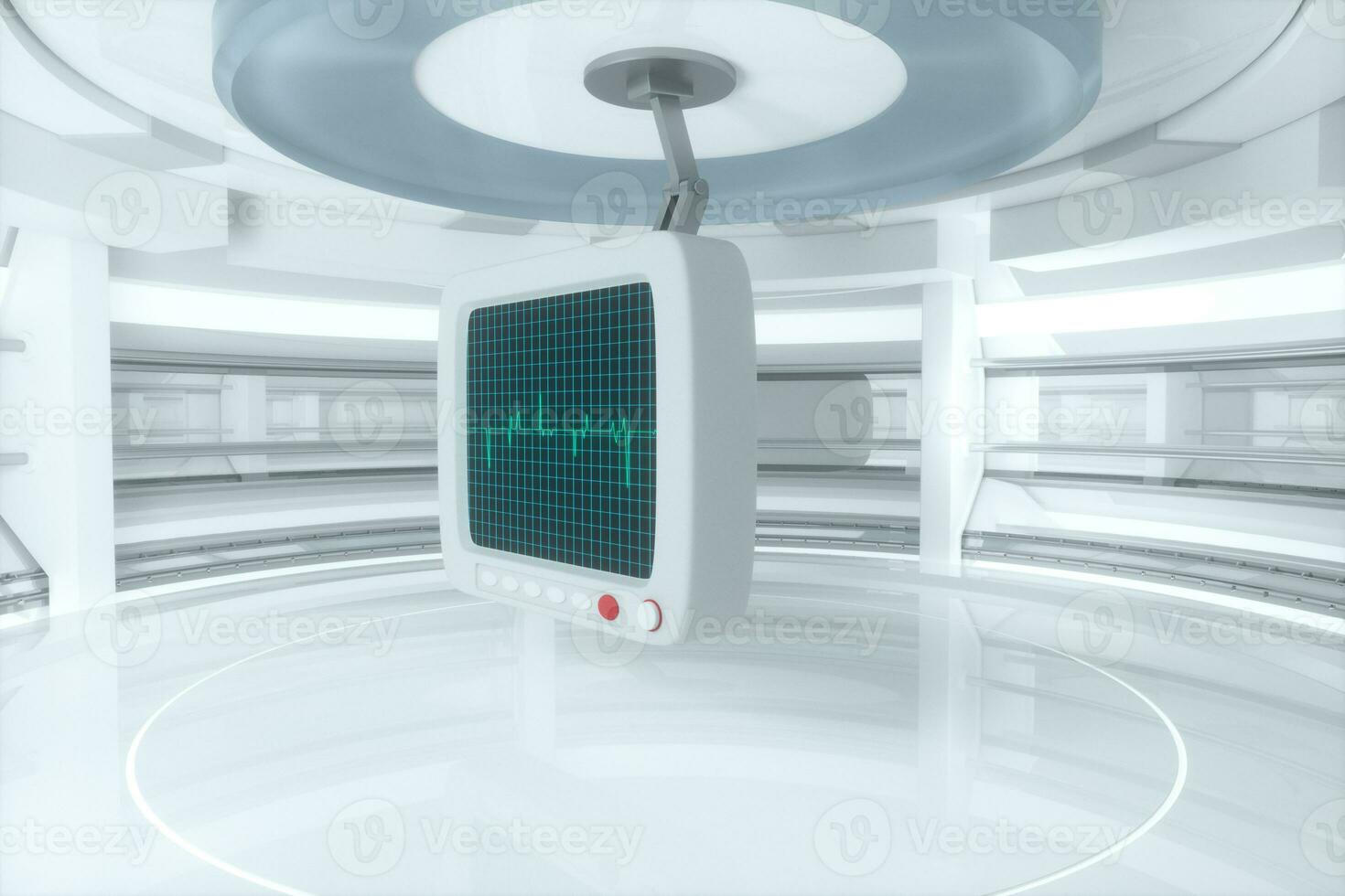 Glowing digital heartbeat line reflecting on the monitor, 3d rendering. photo