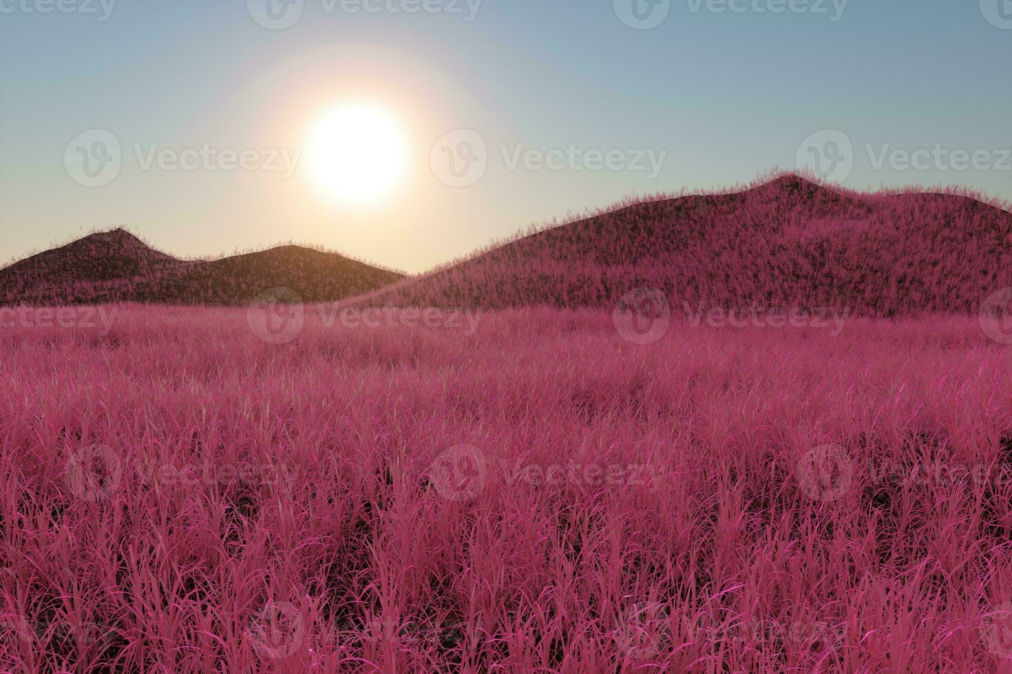Grass field and mountains with bright background,3d rendering. photo