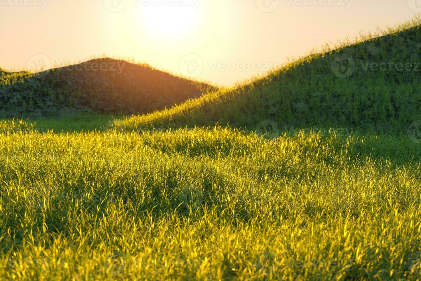 césped campo y montañas con brillante fondo, 3d representación. foto