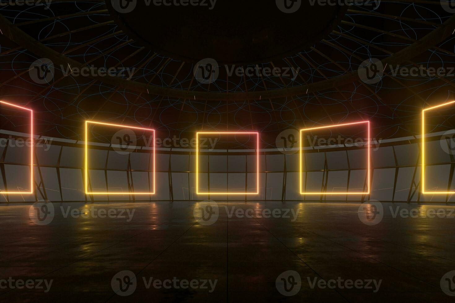Round dark room with golden glowing frame inside, 3d rendering. photo