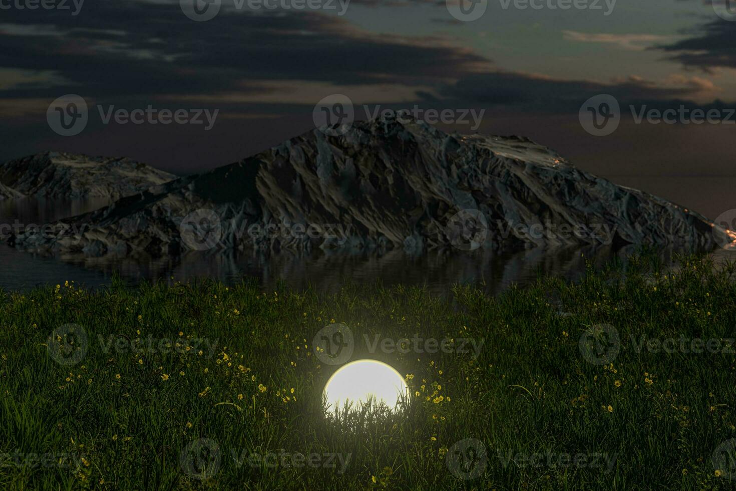 Glowing magic balls in the grass field, 3d rendering. photo