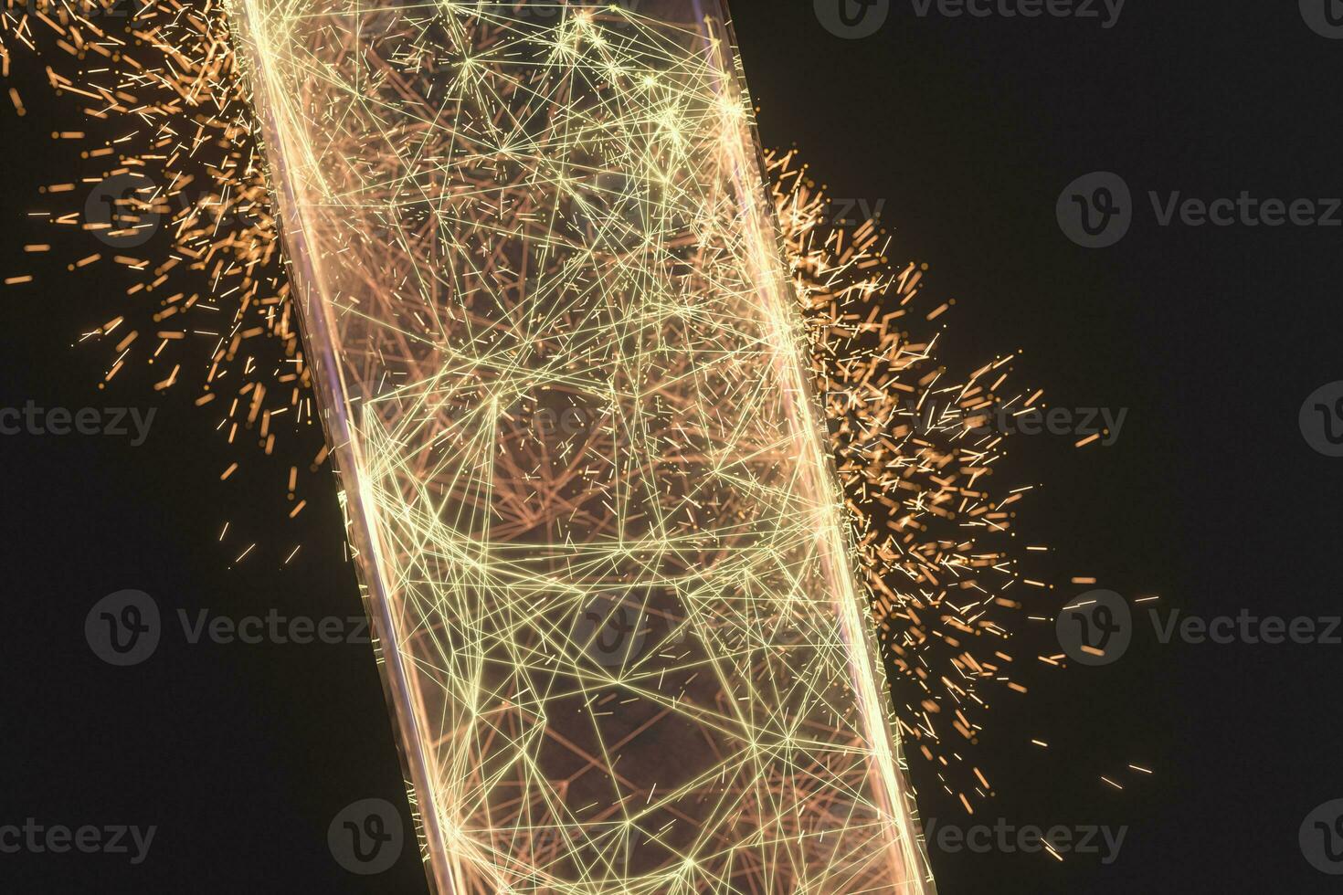 Golden abstract lines and crystals with black background, 3d rendering. photo