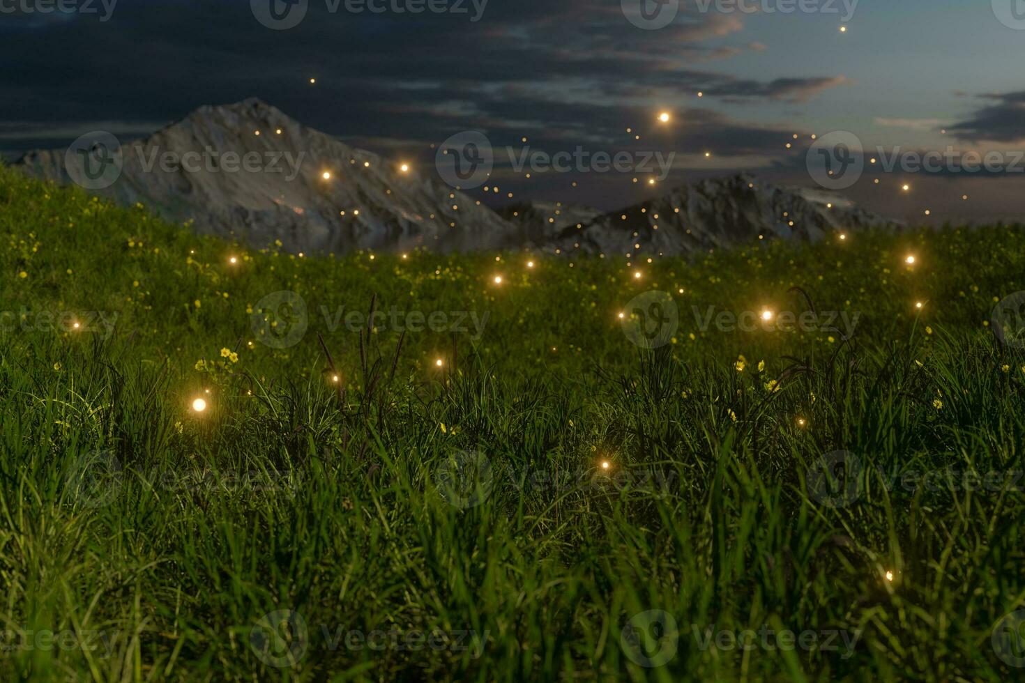Flying glowworm over the grass field, 3d rendering. photo