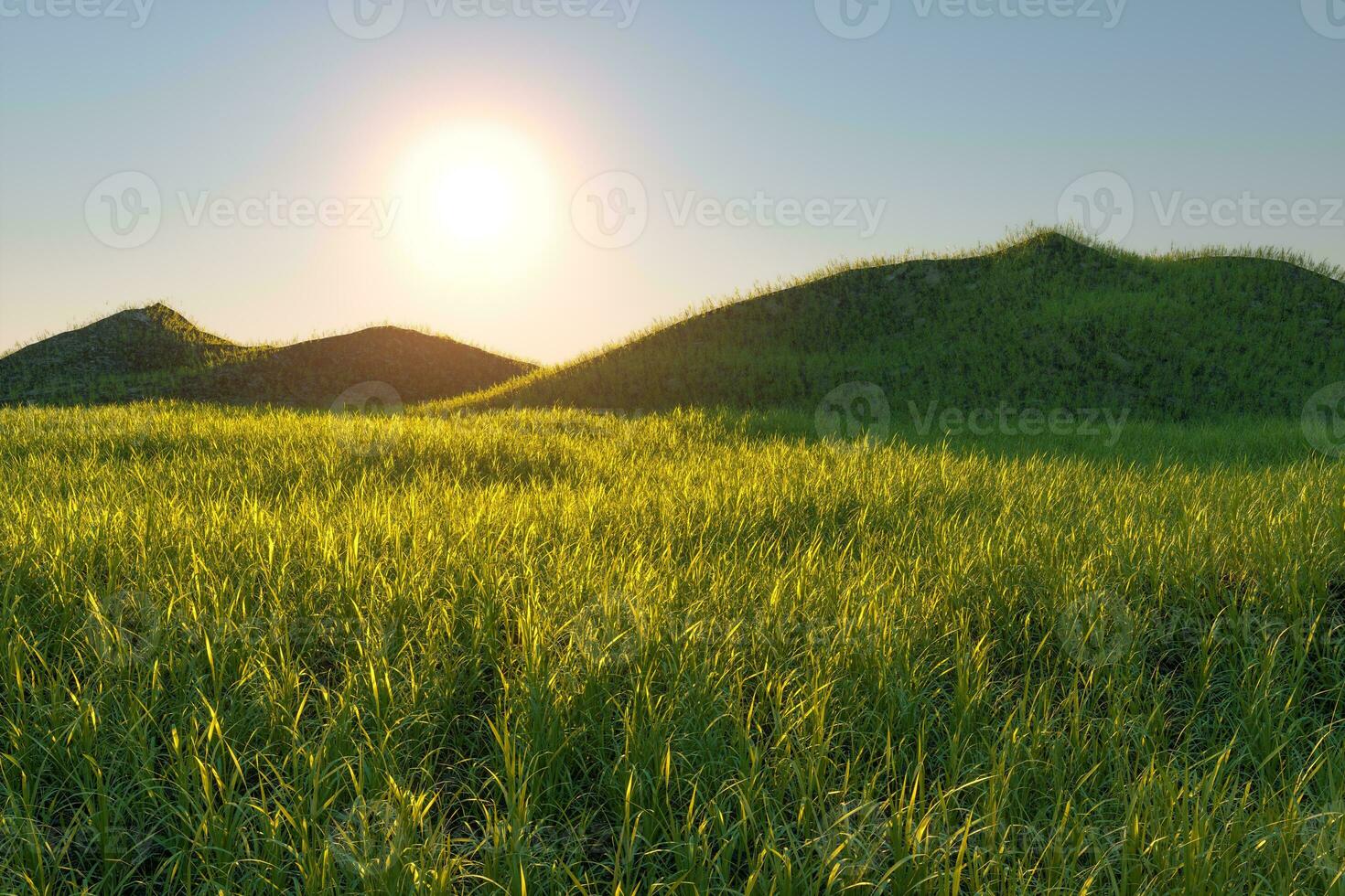 Grass field and mountains with bright background,3d rendering. photo