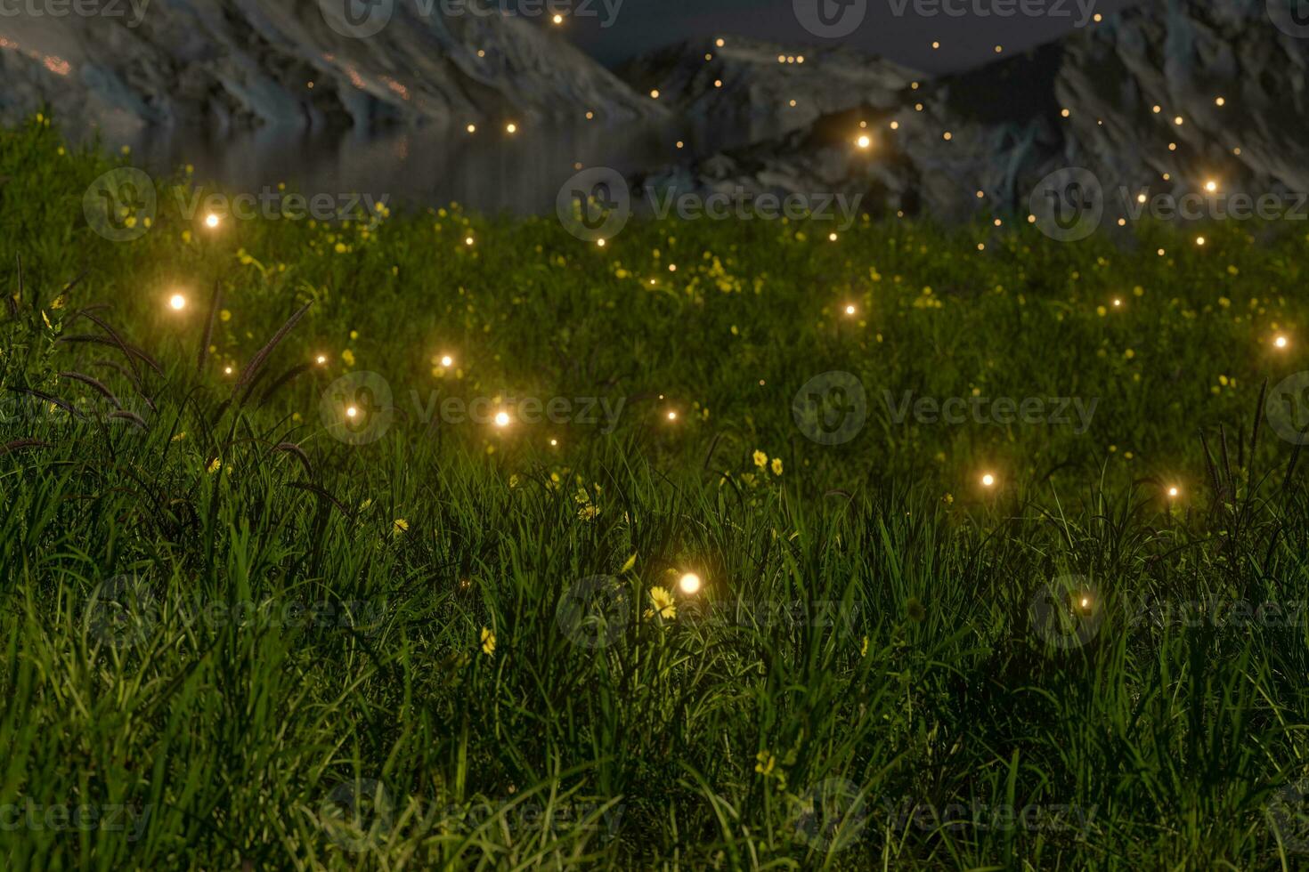 Flying glowworm over the grass field, 3d rendering. photo