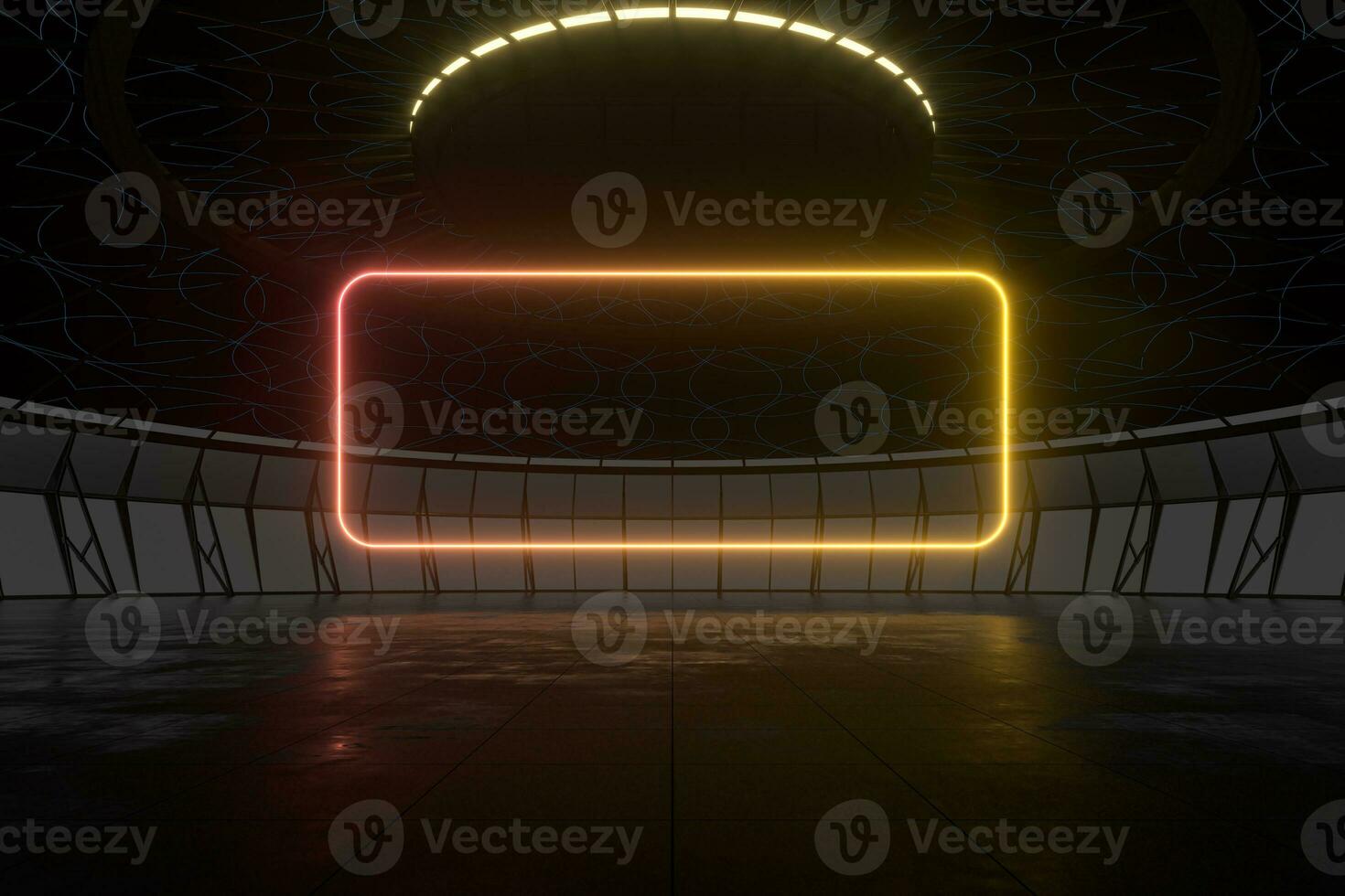 Round dark room with golden glowing frame inside, 3d rendering. photo
