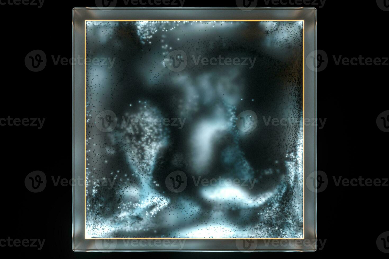 Frosted glass cube with glowing particles inside, 3d rendering. photo