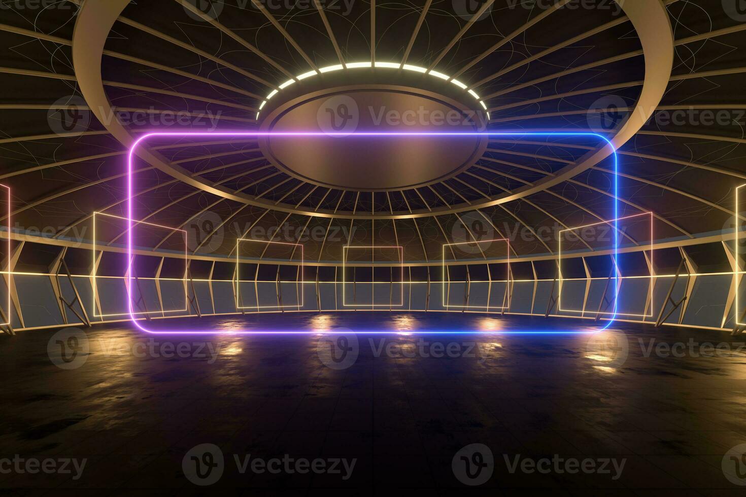 Round dark room with golden glowing frame inside, 3d rendering. photo