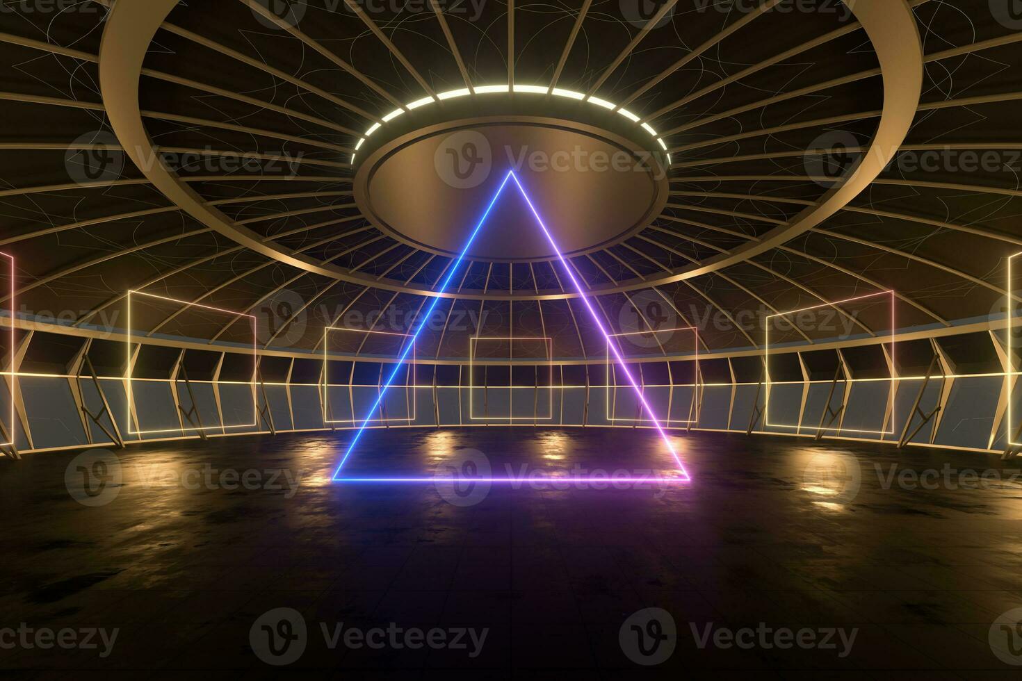 Round dark room with golden glowing frame inside, 3d rendering. photo